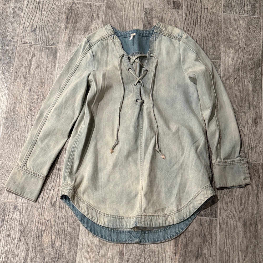 Free People Faded Light Blue Lace-Up Denim Top